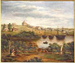 Melbourne from the South Bank of the Yarra 1840 by Eleanor McGlinn.Shows Batman’s Hill that later became the site of Spencer Street Railway Yards, and John Fawkner's hotel on the hill at the corner of Collins and Market Streets. Image: State Library of Victoria, Accession No: H265