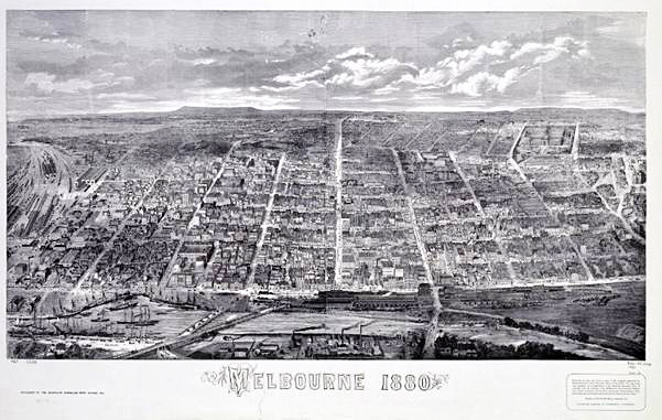 Melbourne 1880, engraving by Samuel Calvert, published by David Syme and Co, Melbourne. Image: State Library of Victoria, Accession No: AN09/10/80/191