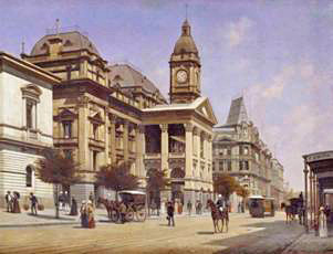 Melbourne Town Hall and Swanston Street by Jacques Carabain. Image: State Library of Victoria, Accession No: H15967